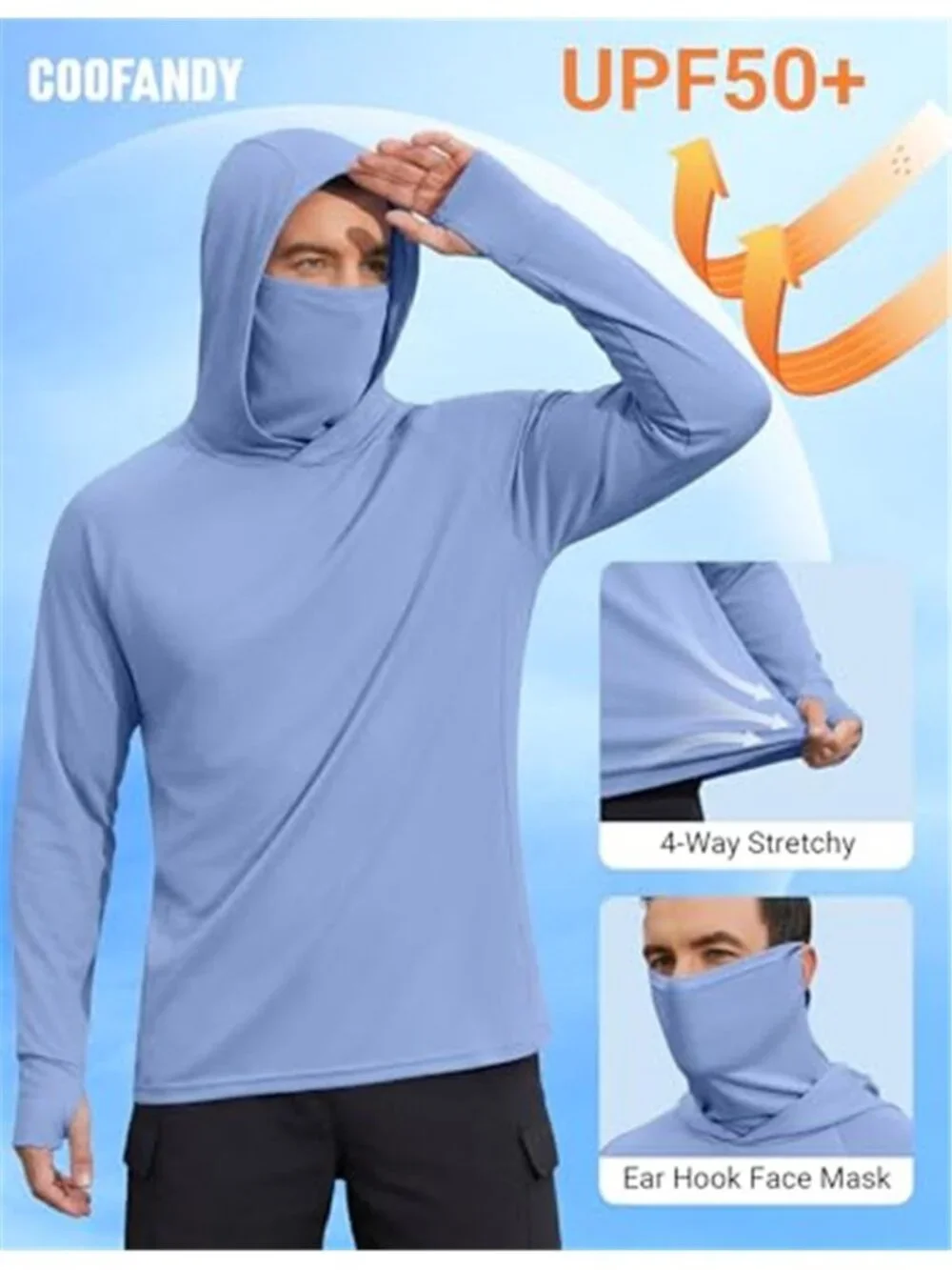 Men's UPF 50+ Sun Protection Hoodie with Mask Lightweight Long Sleeve Rash Guard